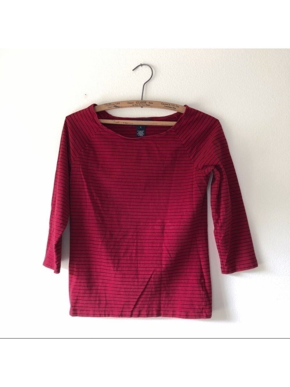 JONES NEW YORK Bateau Neck 3/4 Sleeve Stripe Tee Cranberry Red Navy